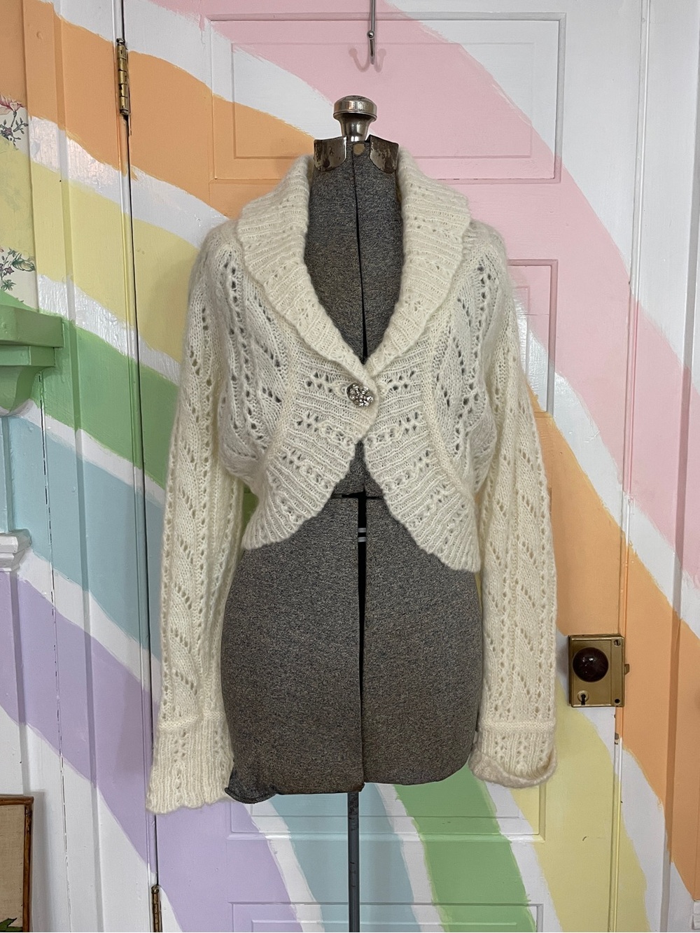 Rare Vintage Y2K Mohair & Wool LOFT Pointelle Crop Bolero Cardigan Sz L 💛🎀